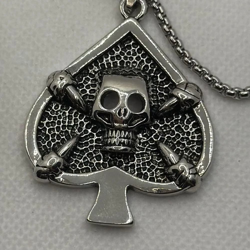 Titanium plated Skull Spade Pendant Necklace 23” Gothic Biker Punk